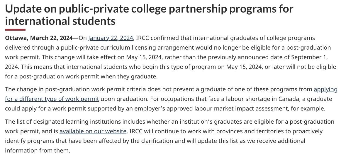 【新闻】IRCC再次公布公私学校合作相关政策